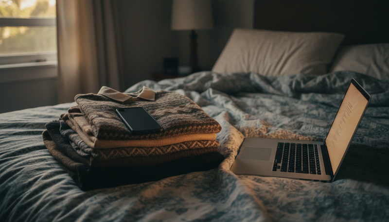 Smartphone su un mucchio di vestiti vintage accanto a un laptop