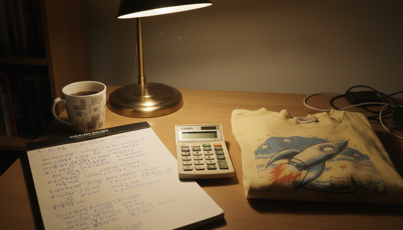 Quaderno con calcoli, calcolatrice e una maglietta vintage piegata su una scrivania