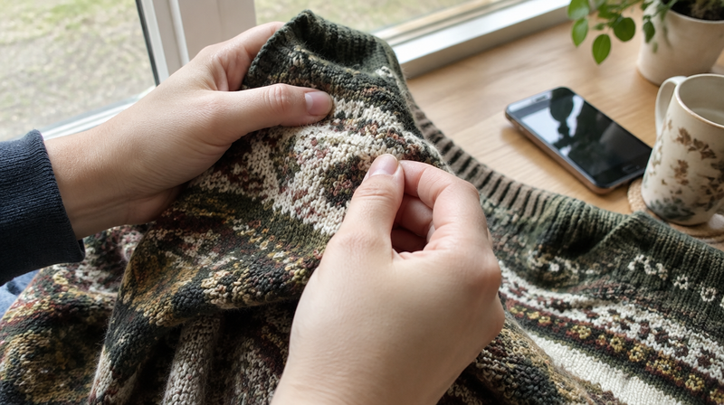 Mani che controllano da vicino un maglione vintage vicino alla finestra