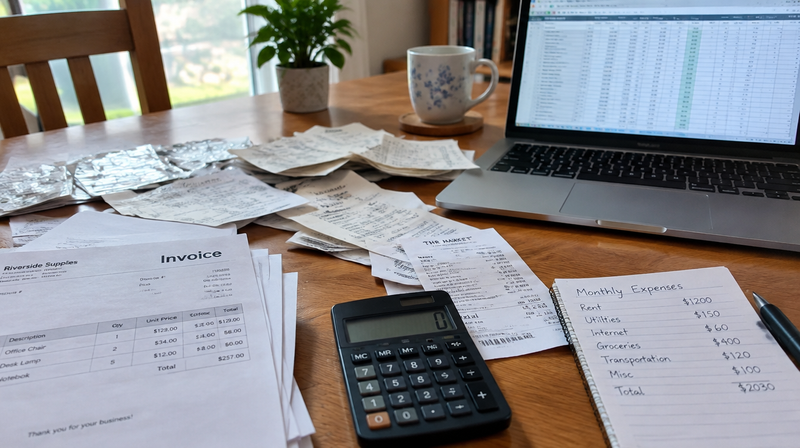 Scrivania con fatture, calcolatrice e laptop con foglio di calcolo