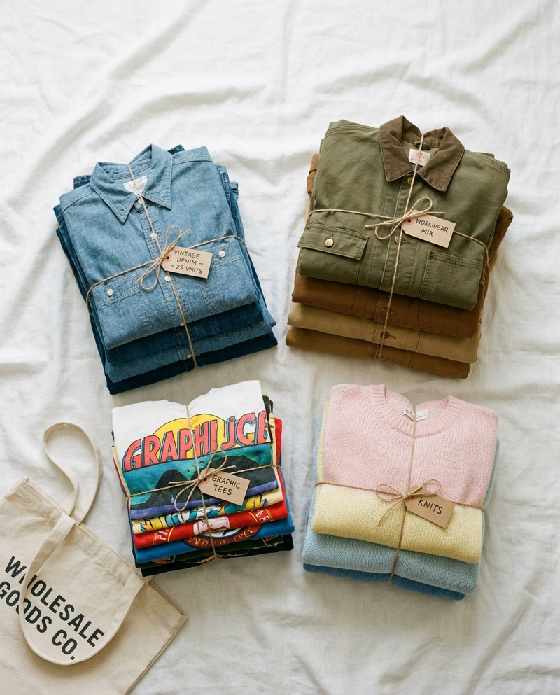 Pile ordinate di abbigliamento vintage pronte per la vendita all'ingrosso