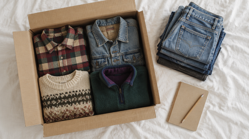 Scatola di vestiti vintage da rivendere: camicie, jeans e maglioni
