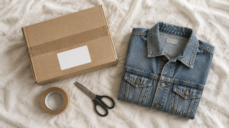 Pacco pronto per la spedizione con etichetta e giacca di jeans vintage