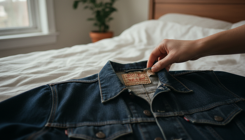 Mani che controllano l'etichetta interna di una giacca vintage in denim su un letto