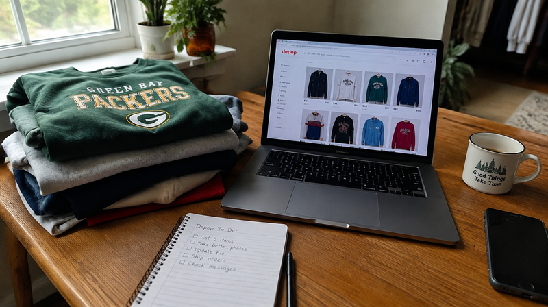 Scrivania di casa con pila di vestiti vintage e laptop aperto