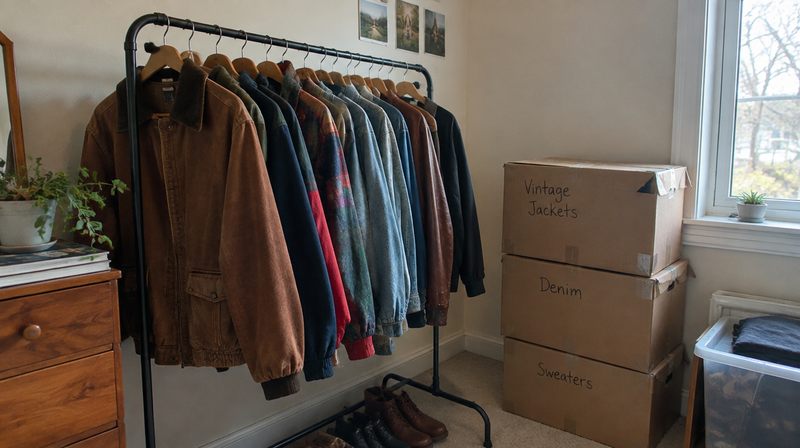 Rack di casa con giacche vintage e scatole etichettate