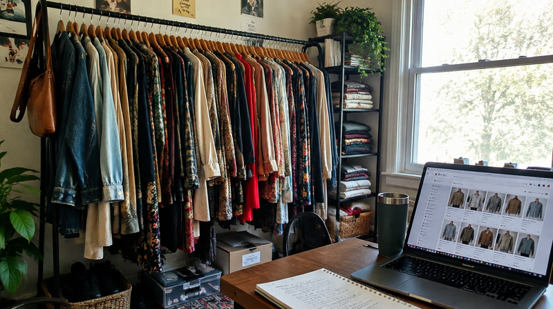 Rack pieno di capi vintage organizzati con laptop e annunci aperti