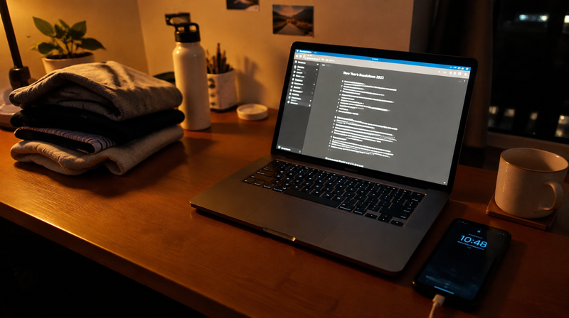 Scrivania di casa la sera con laptop acceso e vestiti piegati accanto