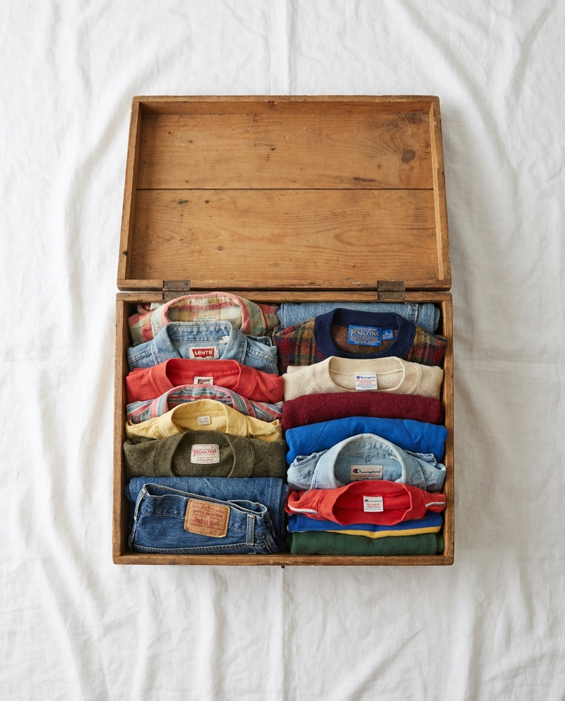 Box vintage aperto con capi piegati pronti per la rivendita