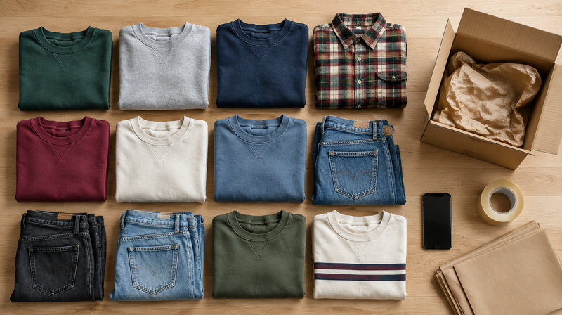 Felpe e jeans vintage piegati, scatola di spedizione e smartphone pronti per vendere su Vinted